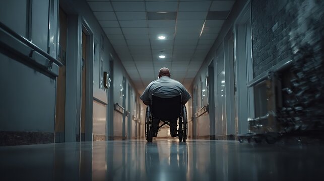 Patient in a wheelchair moving away down a long, dimly lit hospital corridor, its reflective floor emphasizing the sense of loneliness and the challenging journey of recovery or aging
