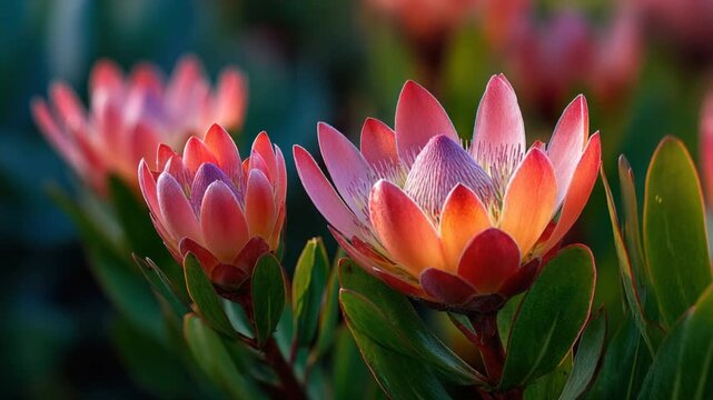Three vibrant, exotic protea flowers in full bloom, set against a soft green background