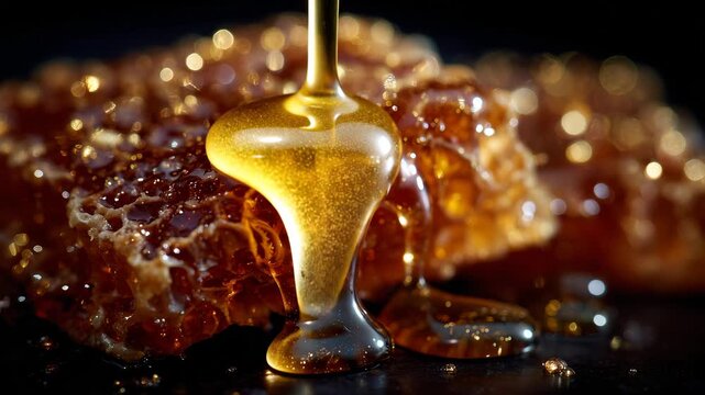 183Honey oozing from a natural honeycomb, amber light reflecting through viscous streams, close-up highlighting hexagonal patterns, dramatic black backdrop emphasizing color and shine