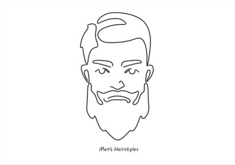 line drawing of adult man portrait with beard and mustache. Fashionable men's style vector illustration. line drawing. Editable stroke. 