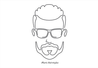 line drawing of adult man portrait with beard and mustache. Fashionable men's style vector illustration. line drawing. Editable stroke. 