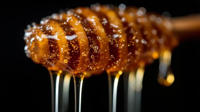 196High-resolution close-up of honey dripping from honeycomb cells, light refracting through thick liquid, wax textures sharply visible, black background for maximum contrast and colo