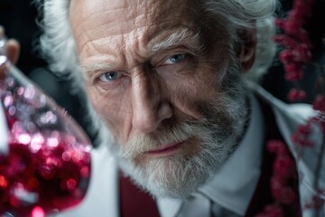 Mysterious scientist observes vibrant liquid in a laboratory setting during nighttime
