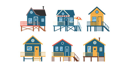 A collection of charming beach huts rendered in a pixel art style.