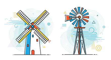Two colorful windmills illustrated in a modern flat design style with abstract geometric elements.