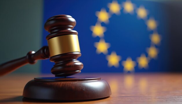 Judge gavel rests on wooden table before blurred European Union flag. Legal concept for EU laws, regulations, justice, and digital policy like DSA or DMA.
