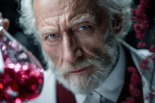 Mysterious scientist observes vibrant liquid in a laboratory setting during nighttime