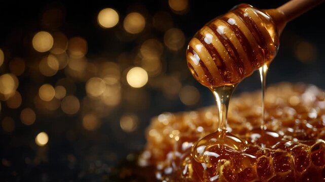 203Honeycomb with fresh honey oozing down, close-up focus on flowing viscosity and golden translucence, hexagon patterns in sharp relief, dramatic black backdrop emphasizing texture