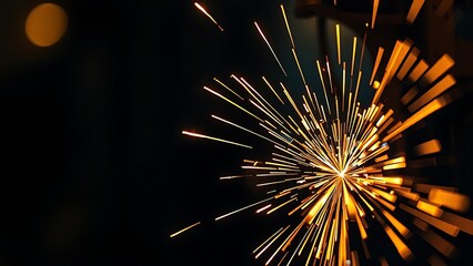 workpiece. Close-up of industrial metalworking sparks creating dramatic light trails against a dark, abstract background. safety posters.