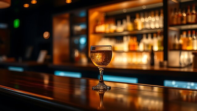 highball. Elegant wooden bar counter with a highball glass, highlighted by moody ambient lighting and blurred backbar. bar promotions. - Powered by Adobe