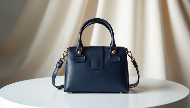 Stylish navy blue handbag sits on white table against light beige background. Minimal design shows elegant purse, ideal for fashion accessory presentation, designer showcase, product promo online