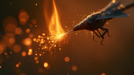 Quivering flame tips on shuttle needles. Capturing the spirit of evening fireflies. Ultra realistic firefly art. Glowing lights in the night sky.