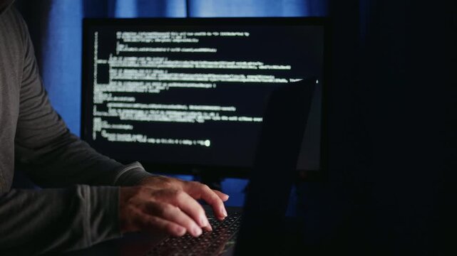 Late night coding, Dedicated backend developer reviews logs during late hours diligently, Silent night session where programmers analyze server data and update logs diligently in quiet hours concept