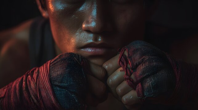 Inner Strength: The photo captures the raw determination of a fighter in the dim light, their hands wrapped and ready. The focus is on the fighter’s intensity.
