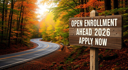 Open enrollment ahead 2026, apply now signpost on a winding road through autumn forest