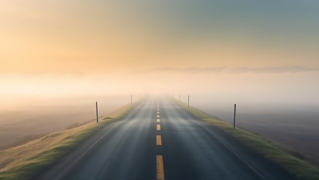 wayfarer. A misty forked road in a serene landscape, symbolizing life's choices and new beginnings. travel magazines, destination branding, designed for outdoor magazines and nature guides.