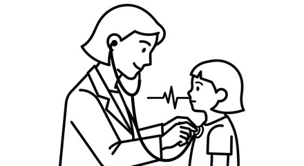 Female doctor using a stethoscope to examine a young girl a simple black and white line art illustration.