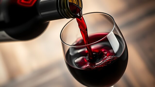 decanting. Red wine pouring into a crystal glass, showcasing the dark burgundy liquid flow with a blurred background and dramatic lighting. bar promotions.