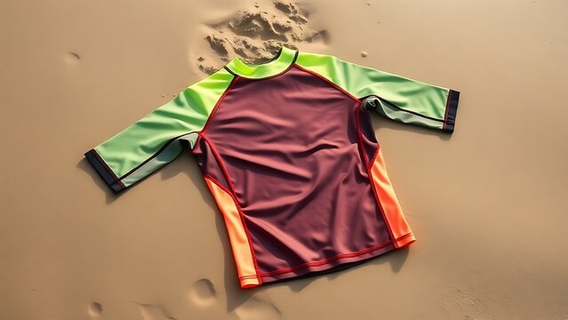 rashguard. Neon surf rashguard laid flat on wet sand, material stretched. lifestyle magazines, social media lookbooks, designed for lifestyle magazines and social media content.
