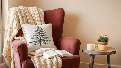 A Hygge concept with a warm reading nook for the winter holidays