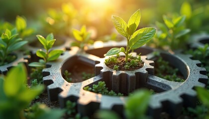 Small green plants grow from soil within metal gears. Sunlight shines on new life emerging from mechanical parts. Nature reclaims industry creating growth.