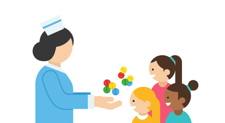 Caring female nurse in a blue uniform giving colorful vitamins to a diverse group of happy children.