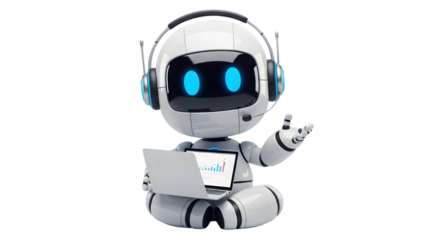 Friendly Robotic Assistant – 3D Cute Robot with Headphones, Tablet, and Friendly Gesture on White Background


