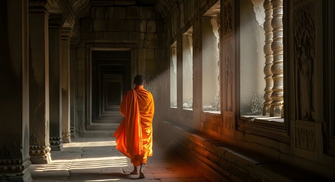 Solitude of a Monk in Ancient Temple: A solitary monk, draped in vibrant saffron robes, walks through an ancient temple bathed in rays of sunlight, his silhouette a symbol of introspection.