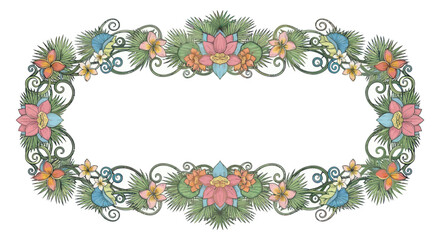 Ornate Oval Floral Frame with Tropical Flowers and Greenery.
