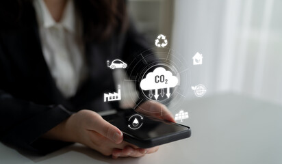 Naklejka premium Net zero and CO2 reduction strategies promote sustainability, renewable energy, and climate-responsible business practices for a greener future. Latch