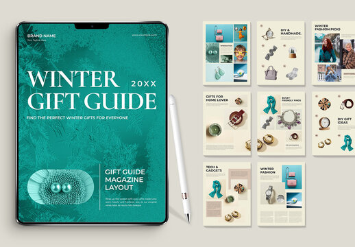 Modern Winter Digital Gift Guide Magazine Layout for Holiday & Christmas Gift Catalog
