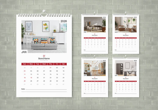 Minimal Tabloid Wall Calendar 2026 Template with Interior Design Photo Layout