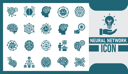 Comprehensive Neural Network Icon Bundle Representing Artificial Intelligence, Deep Learning Architecture, and Machine Learning Computational Structures
