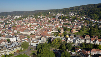 Aerial panorama view of the old town of the city Gelnhausen, 63571 in Germany on a sunny morning in autumn, fall.