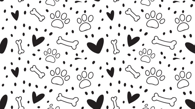 Black and white paw print bone and heart pattern dog bone