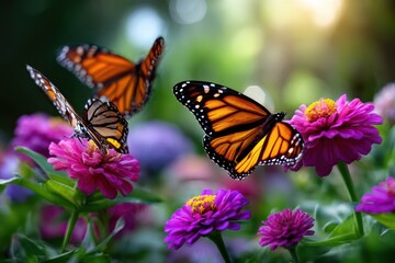 Naklejka premium Butterflies fluttering among vibrant garden flowers in a sunny afternoon setting