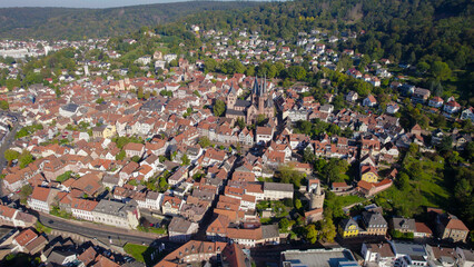 Aerial panorama view of the old town of the city Gelnhausen, 63571 in Germany on a sunny morning in autumn, fall.