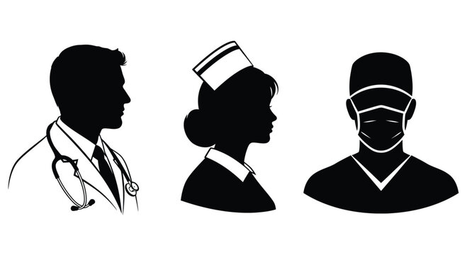 Medical professional doctor nurse surgeon wearing mask headshot silhouettes collection isolated white background