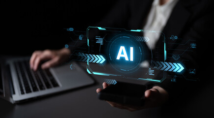 Concept of advanced Artificial Intelligence technology. A futuristic heads-up display shows the core system processing data, representing machine learning and complex analysis. Fermion