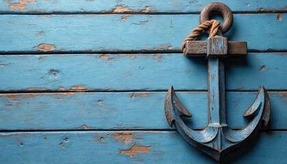 Old wooden anchor hangs on weathered blue wooden planks. Rustic nautical decor with rope and peeling paint. Vintage maritime element for coastal home interior design.
