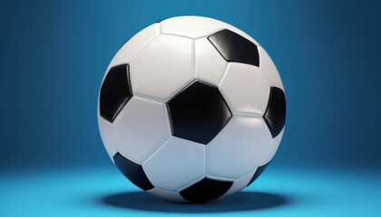 Naklejka premium Soccer ball with black and white panels on a blue background