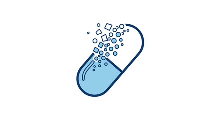 A blue medical capsule dissolving and releasing its active ingredient particles as a stylized icon.