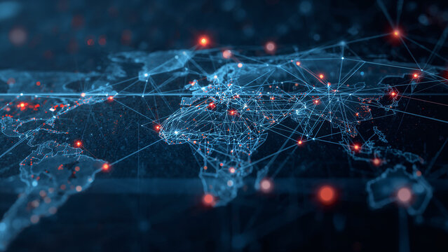 Abstract World Map with Red Hotspots and Blue Network Lines