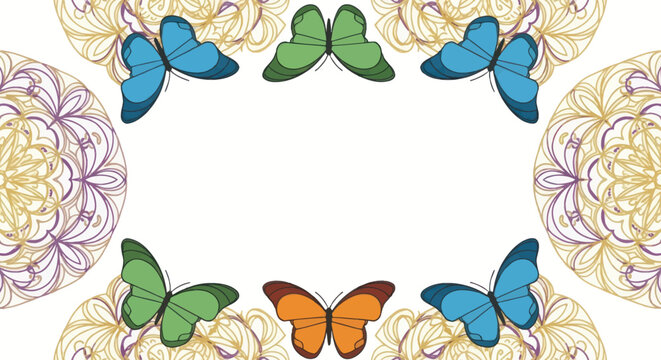 Decorative Frame of Colorful Butterflies and Floral Mandalas. - Powered by Adobe