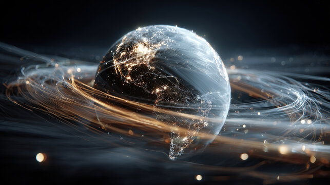 Digital rendering of the Earth at night with glowing city lights and lines of connection, surrounded by abstract, high-speed streaks of golden and white light, symbolizing global data flow