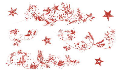 Intricate Christmas botanical vector showing holly leaves, pine branches, swirling festive lines, star decorations and winter plants arranged into a clean harmonious seasonal composition.