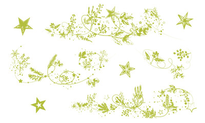Decorative Christmas botanical vector with stars, holly, pine branches and swirling festive lines in gradient colors.