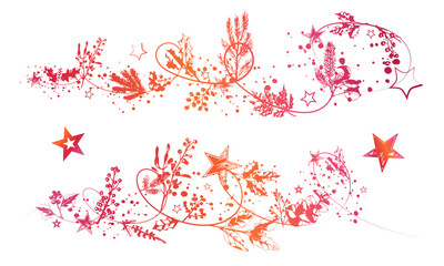 Intricate Christmas botanical vector showing holly leaves, pine branches, swirling festive lines, star decorations and winter plants arranged into a clean harmonious seasonal composition.