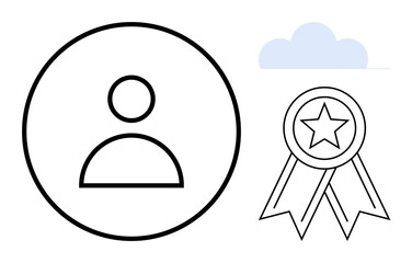 Person profile icon inside a circle, star badge ribbon, and soft cloud. Ideal for identity, success, reward, recognition, personal growth achievement and networking. Simple flat metaphor