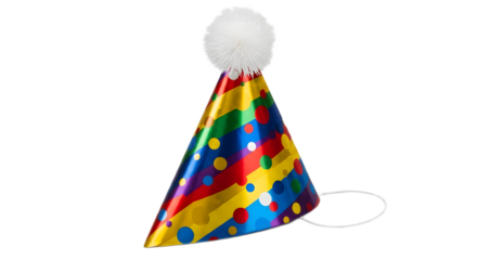 A vibrant and shiny cone-shaped party hat with colorful polka dots and a fluffy white pom-pom, isolated on a white background, perfect for birthday celebrations